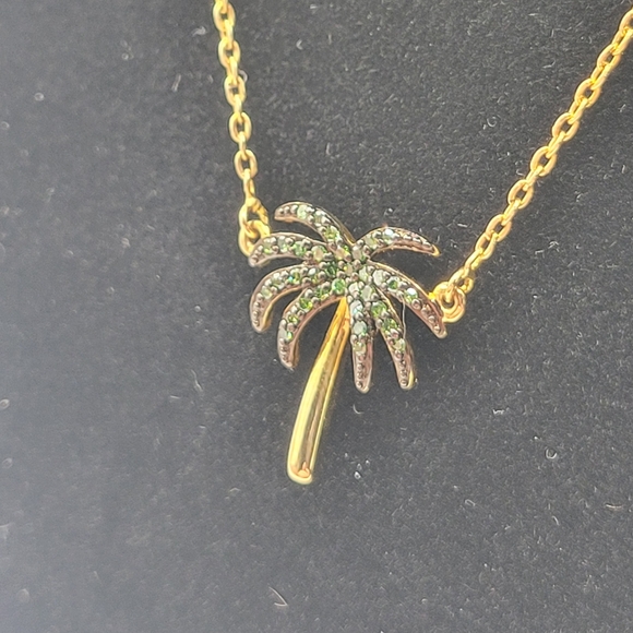 Green Diamond Palm Tree Necklace Gold Plated Sterling Silver 18" - Picture 4 of 8